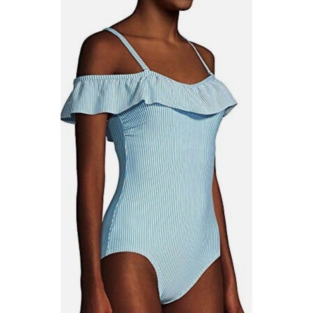 Lands End Seersucker Ruffled Off Shoulder Swim Bathing Suit Women’s Sz 10L - NWT